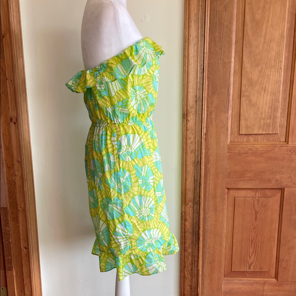 LILLY PULITZER Flor Pink Label Strapless Ruffle Mini Dress M Green Yellow VTG - Picture 7 of 17